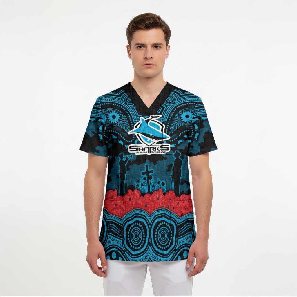 ANZAC Day Cronulla Sutherland Sharks Scrub Top Military Memorial Aboriginal Indigenous Art