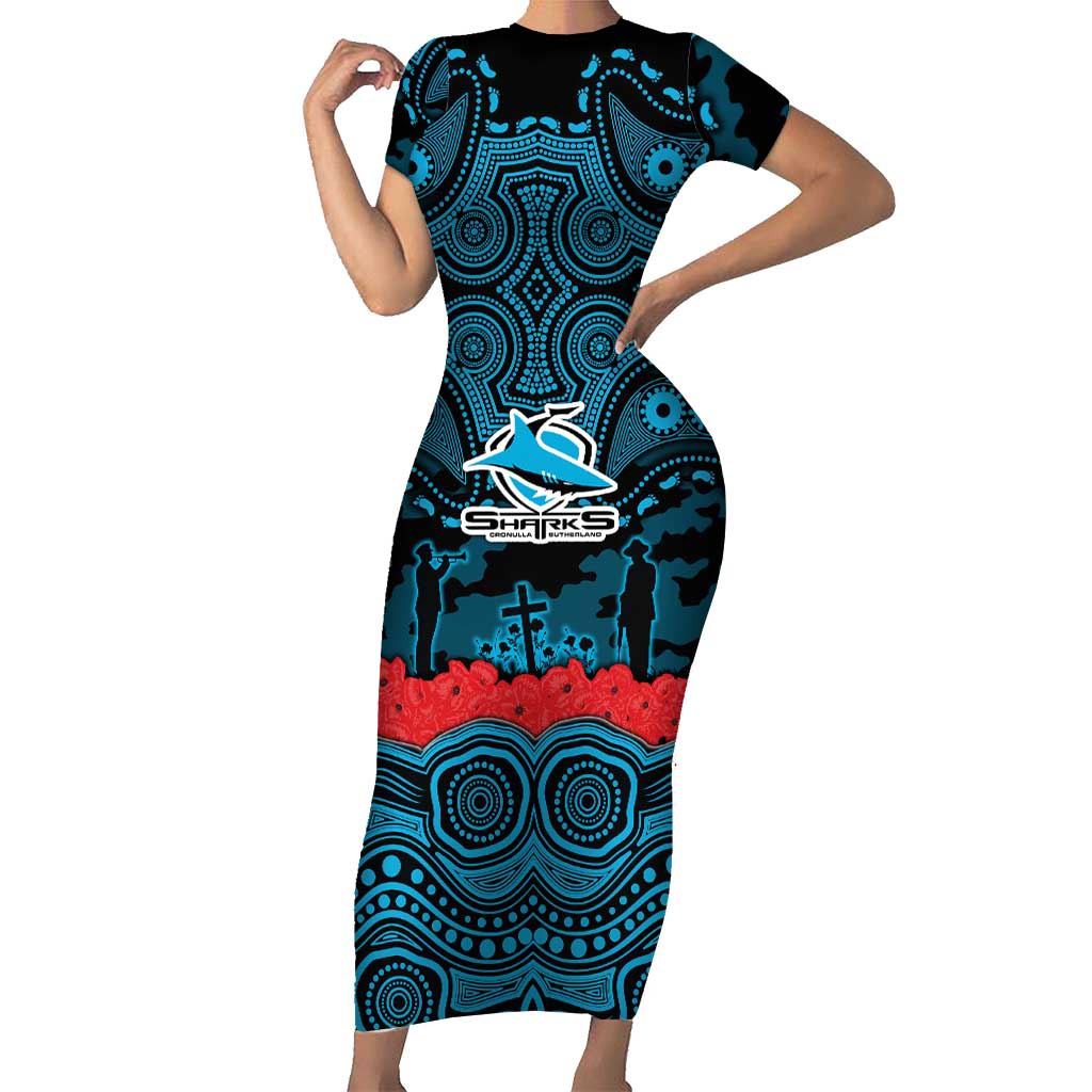 ANZAC Day Cronulla Sutherland Sharks Short Sleeve Bodycon Dress Military Memorial Aboriginal Indigenous Art