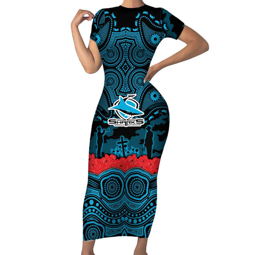 ANZAC Day Cronulla Sutherland Sharks Short Sleeve Bodycon Dress Military Memorial Aboriginal Indigenous Art