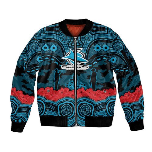 ANZAC Day Cronulla Sutherland Sharks Sleeve Zip Bomber Jacket Military Memorial Aboriginal Indigenous Art