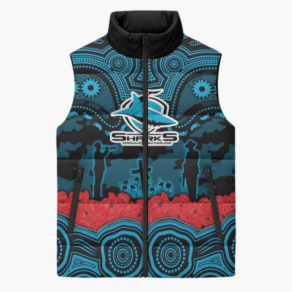 ANZAC Day Cronulla Sutherland Sharks Sleeveless Puffer Jacket Military Memorial Aboriginal Indigenous Art
