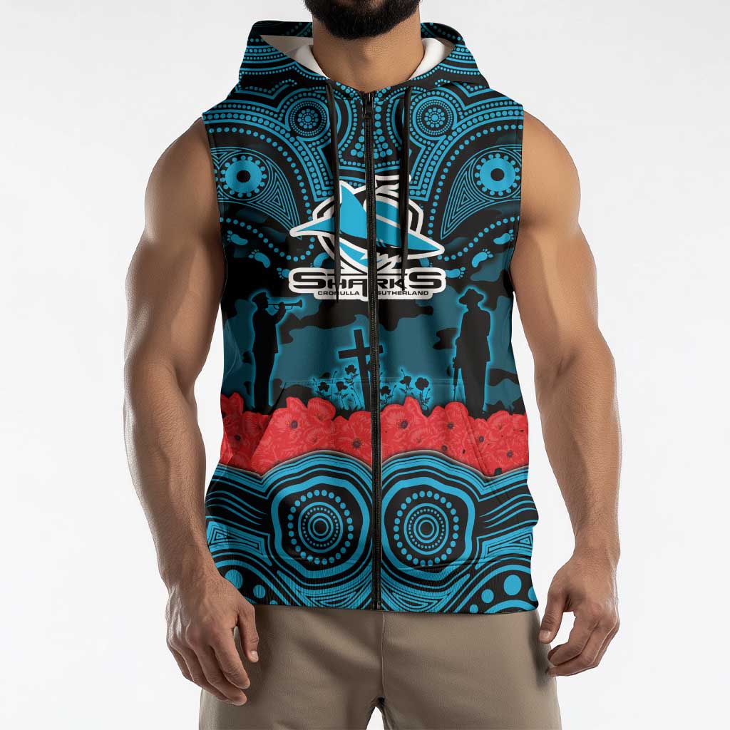 ANZAC Day Cronulla Sutherland Sharks Sleeveless Zip Hoodie Military Memorial Aboriginal Indigenous Art