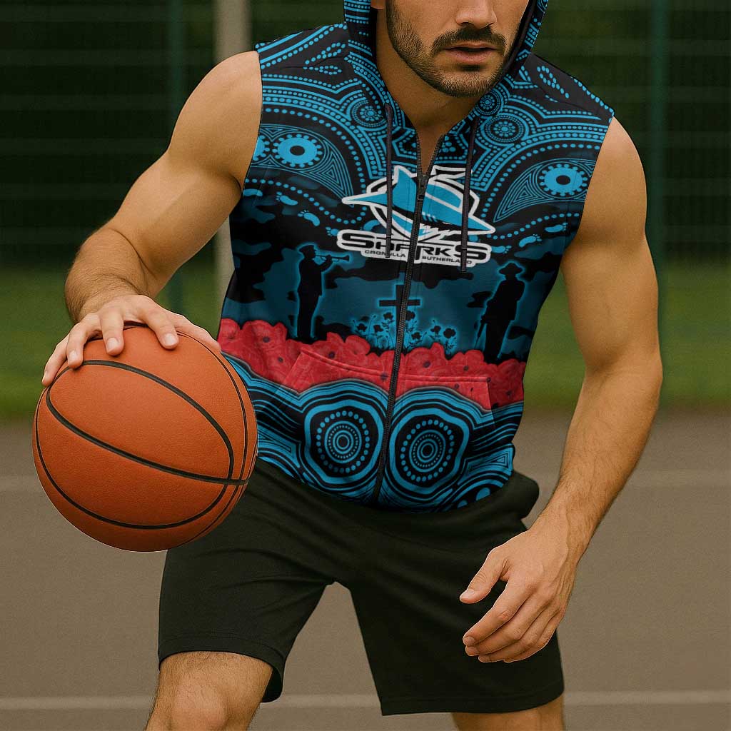 ANZAC Day Cronulla Sutherland Sharks Sleeveless Zip Hoodie Military Memorial Aboriginal Indigenous Art