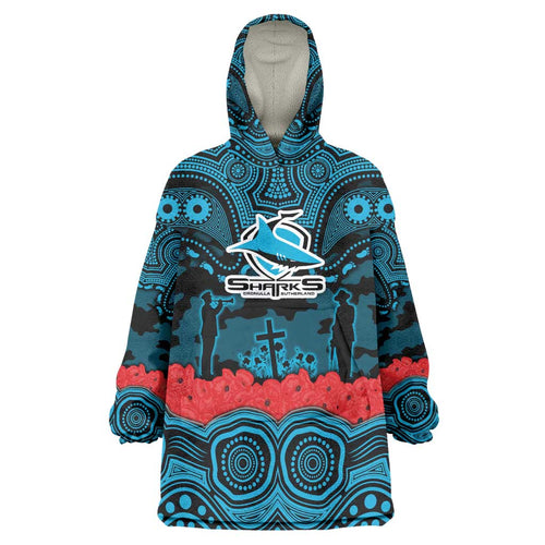 ANZAC Day Cronulla Sutherland Sharks Wearable Blanket Hoodie Military Memorial Aboriginal Indigenous Art