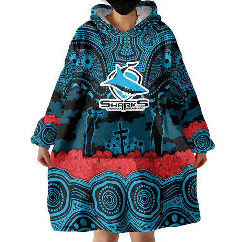 ANZAC Day Cronulla Sutherland Sharks Wearable Blanket Hoodie Military Memorial Aboriginal Indigenous Art