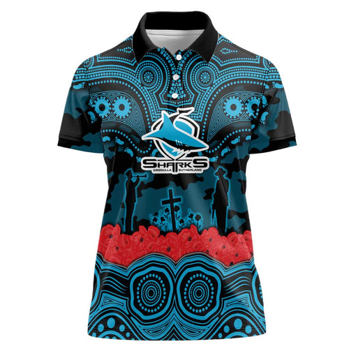ANZAC Day Cronulla Sutherland Sharks Women Polo Shirt Military Memorial Aboriginal Indigenous Art