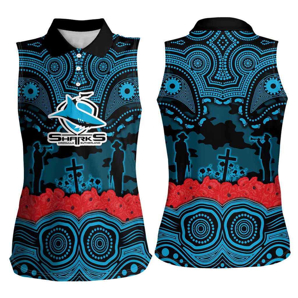 ANZAC Day Cronulla Sutherland Sharks Women Sleeveless Polo Shirt Military Memorial Aboriginal Indigenous Art