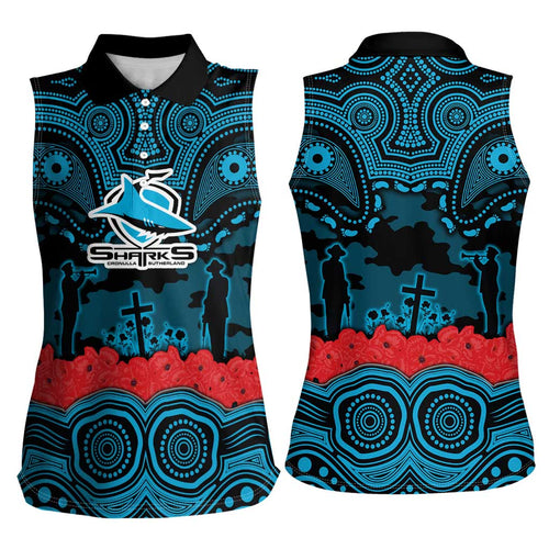 ANZAC Day Cronulla Sutherland Sharks Women Sleeveless Polo Shirt Military Memorial Aboriginal Indigenous Art