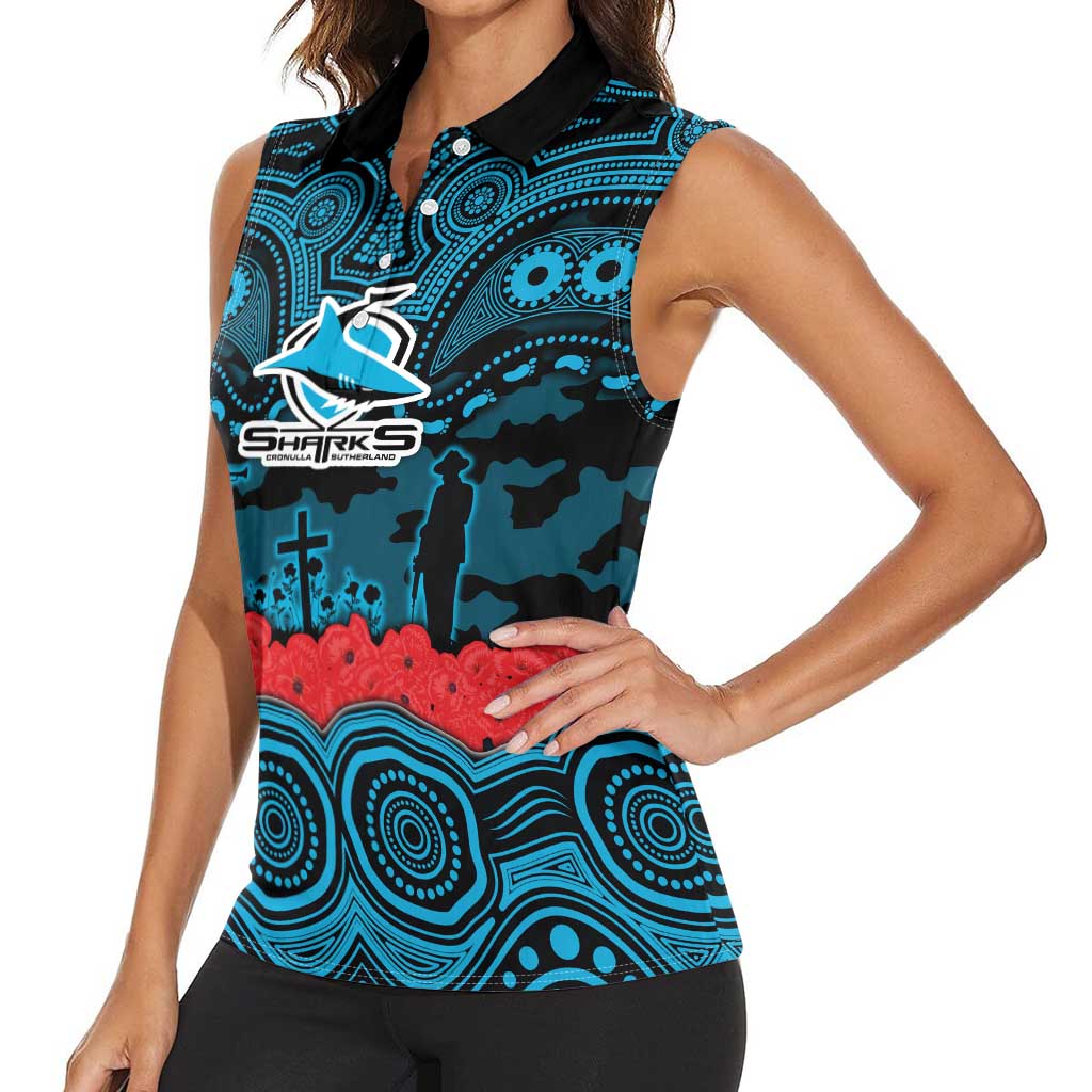 ANZAC Day Cronulla Sutherland Sharks Women Sleeveless Polo Shirt Military Memorial Aboriginal Indigenous Art