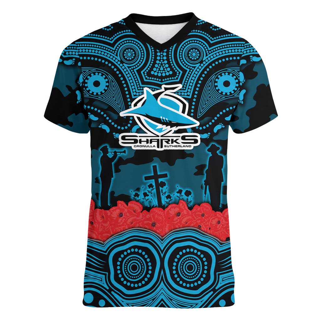 ANZAC Day Cronulla Sutherland Sharks Women V-Neck T-Shirt Military Memorial Aboriginal Indigenous Art