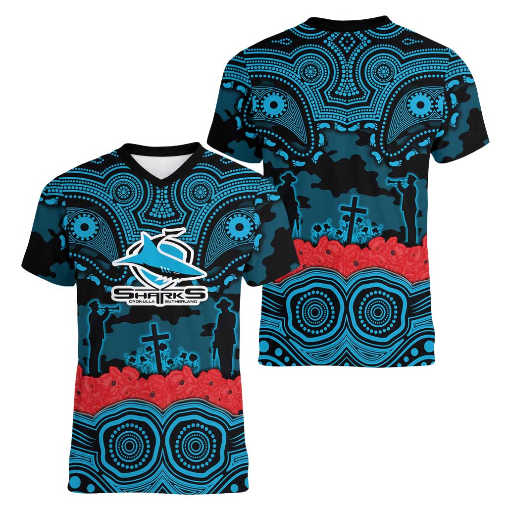 ANZAC Day Cronulla Sutherland Sharks Women V-Neck T-Shirt Military Memorial Aboriginal Indigenous Art