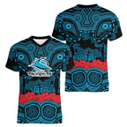 ANZAC Day Cronulla Sutherland Sharks Women V-Neck T-Shirt Military Memorial Aboriginal Indigenous Art