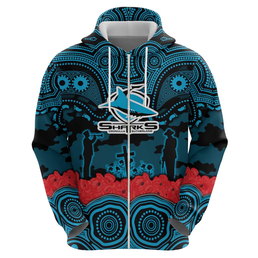 ANZAC Day Cronulla Sutherland Sharks Zip Hoodie Military Memorial Aboriginal Indigenous Art