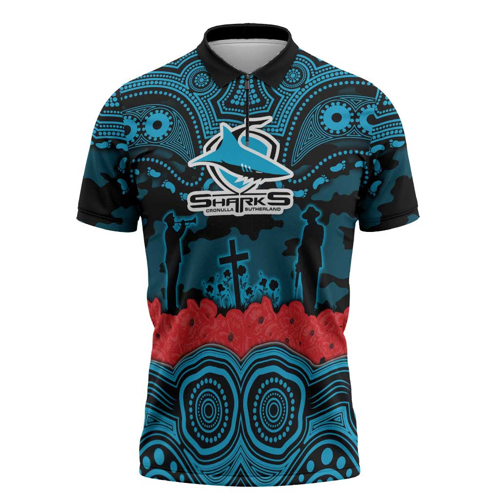 ANZAC Day Cronulla Sutherland Sharks Zipper Polo Shirt Military Memorial Aboriginal Indigenous Art