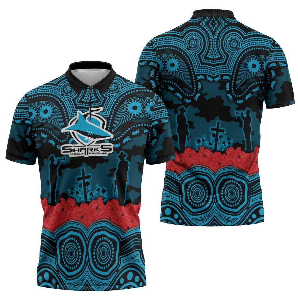 ANZAC Day Cronulla Sutherland Sharks Zipper Polo Shirt Military Memorial Aboriginal Indigenous Art