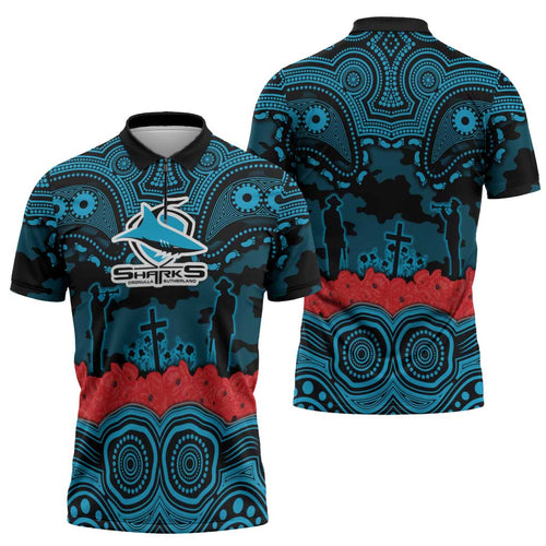 ANZAC Day Cronulla Sutherland Sharks Zipper Polo Shirt Military Memorial Aboriginal Indigenous Art