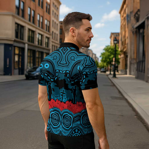 ANZAC Day Cronulla Sutherland Sharks Zipper Polo Shirt Military Memorial Aboriginal Indigenous Art