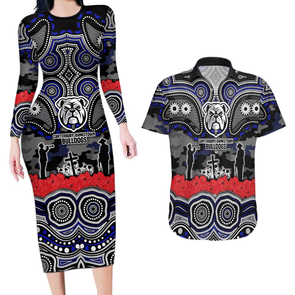 ANZAC Day Canterbury Bankstown Bulldogs Couples Matching Long Sleeve Bodycon Dress and Hawaiian Shirt Military Memorial Aboriginal Indigenous Art
