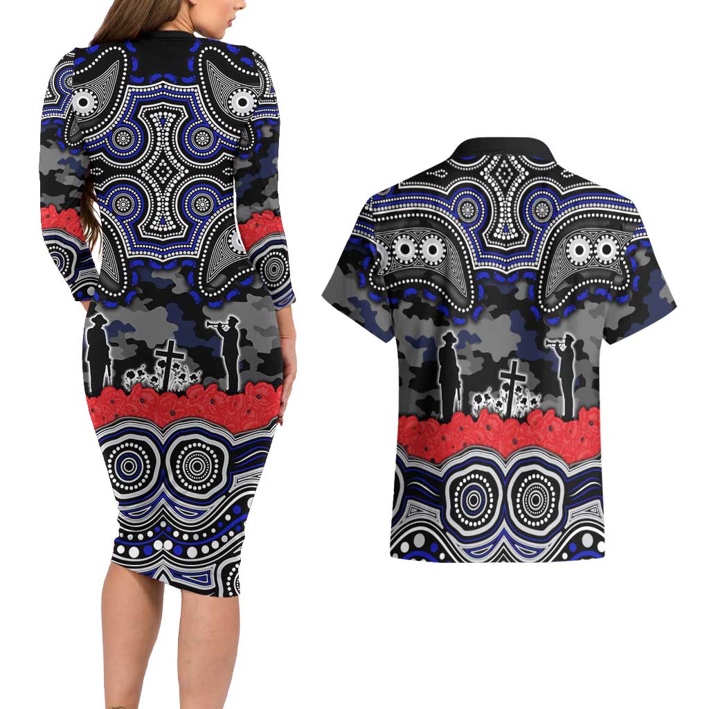 ANZAC Day Canterbury Bankstown Bulldogs Couples Matching Long Sleeve Bodycon Dress and Hawaiian Shirt Military Memorial Aboriginal Indigenous Art