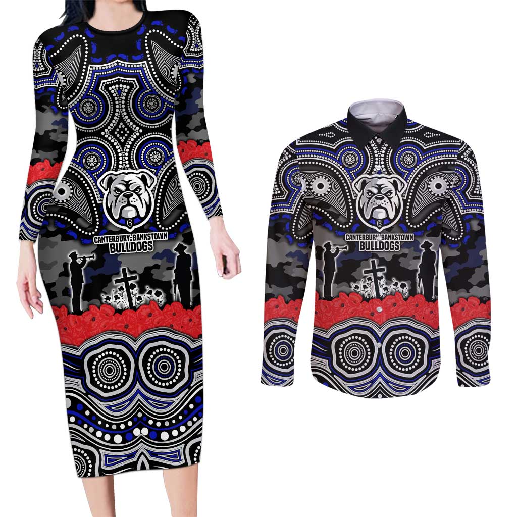 ANZAC Day Canterbury Bankstown Bulldogs Couples Matching Long Sleeve Bodycon Dress and Long Sleeve Button Shirt Military Memorial Aboriginal Indigenous Art