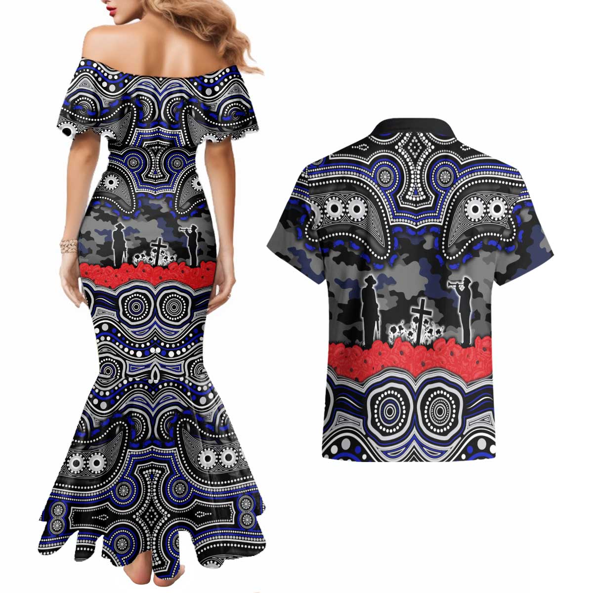 ANZAC Day Canterbury Bankstown Bulldogs Couples Matching Mermaid Dress and Hawaiian Shirt Military Memorial Aboriginal Indigenous Art