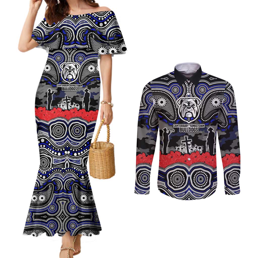 ANZAC Day Canterbury Bankstown Bulldogs Couples Matching Mermaid Dress and Long Sleeve Button Shirt Military Memorial Aboriginal Indigenous Art