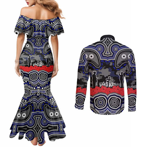 ANZAC Day Canterbury Bankstown Bulldogs Couples Matching Mermaid Dress and Long Sleeve Button Shirt Military Memorial Aboriginal Indigenous Art