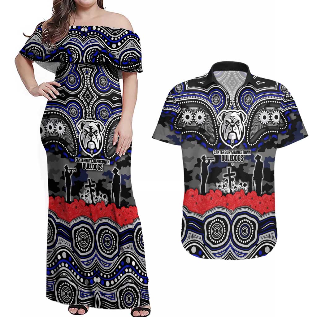 ANZAC Day Canterbury Bankstown Bulldogs Couples Matching Off Shoulder Maxi Dress and Hawaiian Shirt Military Memorial Aboriginal Indigenous Art