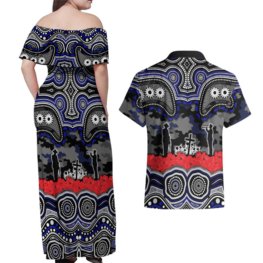 ANZAC Day Canterbury Bankstown Bulldogs Couples Matching Off Shoulder Maxi Dress and Hawaiian Shirt Military Memorial Aboriginal Indigenous Art