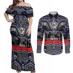 ANZAC Day Canterbury Bankstown Bulldogs Couples Matching Off Shoulder Maxi Dress and Long Sleeve Button Shirt Military Memorial Aboriginal Indigenous Art