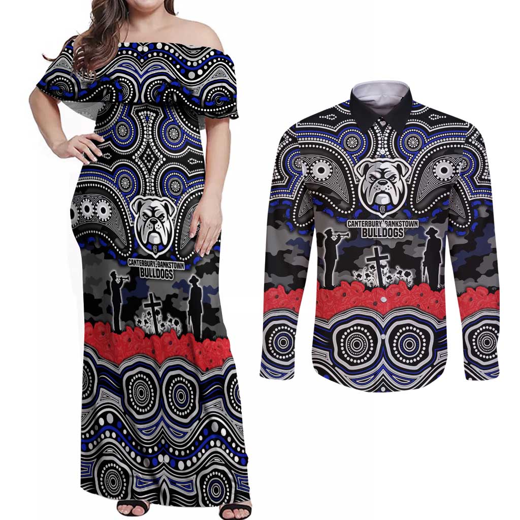 ANZAC Day Canterbury Bankstown Bulldogs Couples Matching Off Shoulder Maxi Dress and Long Sleeve Button Shirt Military Memorial Aboriginal Indigenous Art