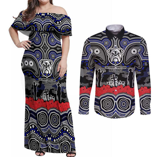 ANZAC Day Canterbury Bankstown Bulldogs Couples Matching Off Shoulder Maxi Dress and Long Sleeve Button Shirt Military Memorial Aboriginal Indigenous Art
