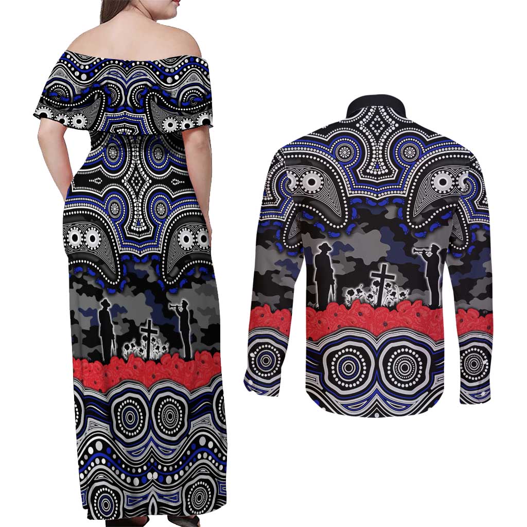 ANZAC Day Canterbury Bankstown Bulldogs Couples Matching Off Shoulder Maxi Dress and Long Sleeve Button Shirt Military Memorial Aboriginal Indigenous Art