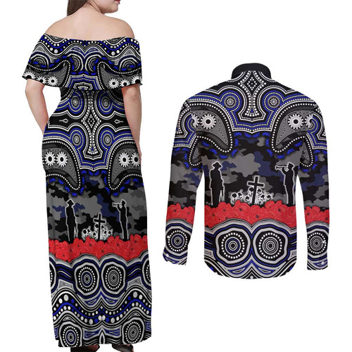 ANZAC Day Canterbury Bankstown Bulldogs Couples Matching Off Shoulder Maxi Dress and Long Sleeve Button Shirt Military Memorial Aboriginal Indigenous Art