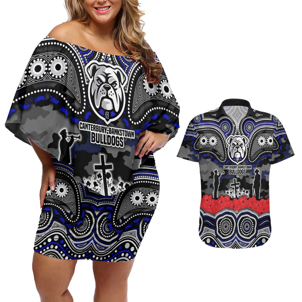 ANZAC Day Canterbury Bankstown Bulldogs Couples Matching Off Shoulder Short Dress and Hawaiian Shirt Military Memorial Aboriginal Indigenous Art