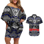 ANZAC Day Canterbury Bankstown Bulldogs Couples Matching Off Shoulder Short Dress and Hawaiian Shirt Military Memorial Aboriginal Indigenous Art