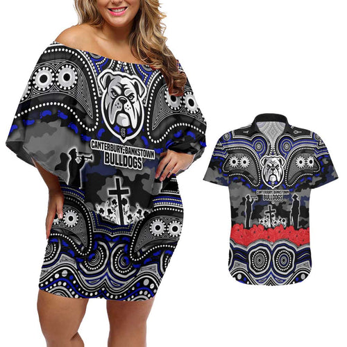 ANZAC Day Canterbury Bankstown Bulldogs Couples Matching Off Shoulder Short Dress and Hawaiian Shirt Military Memorial Aboriginal Indigenous Art