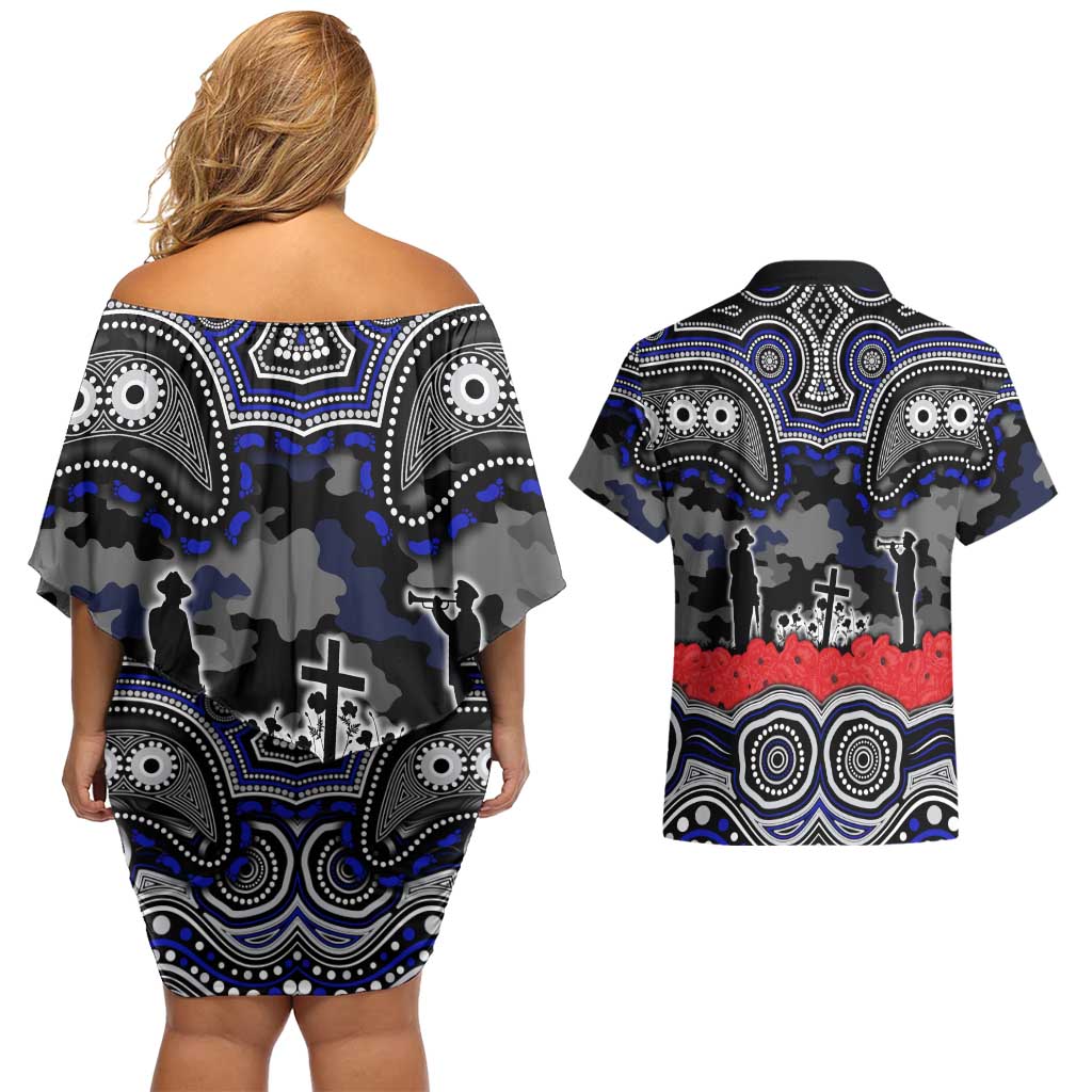 ANZAC Day Canterbury Bankstown Bulldogs Couples Matching Off Shoulder Short Dress and Hawaiian Shirt Military Memorial Aboriginal Indigenous Art