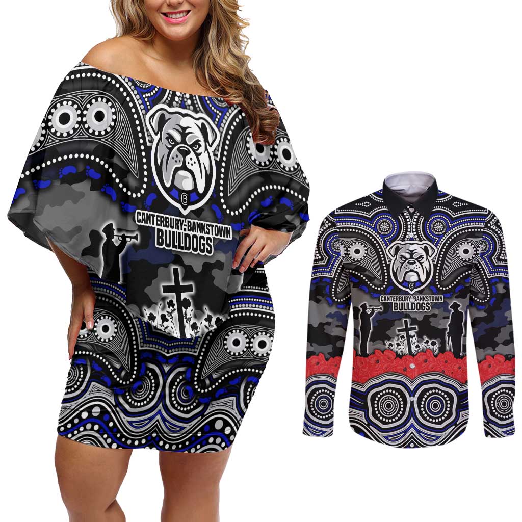 ANZAC Day Canterbury Bankstown Bulldogs Couples Matching Off Shoulder Short Dress and Long Sleeve Button Shirt Military Memorial Aboriginal Indigenous Art