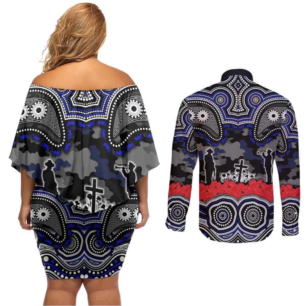 ANZAC Day Canterbury Bankstown Bulldogs Couples Matching Off Shoulder Short Dress and Long Sleeve Button Shirt Military Memorial Aboriginal Indigenous Art