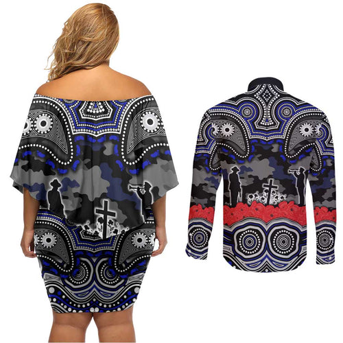 ANZAC Day Canterbury Bankstown Bulldogs Couples Matching Off Shoulder Short Dress and Long Sleeve Button Shirt Military Memorial Aboriginal Indigenous Art