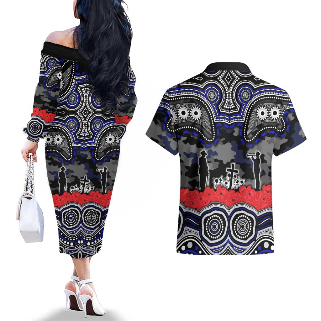 ANZAC Day Canterbury Bankstown Bulldogs Couples Matching Off The Shoulder Long Sleeve Dress and Hawaiian Shirt Military Memorial Aboriginal Indigenous Art