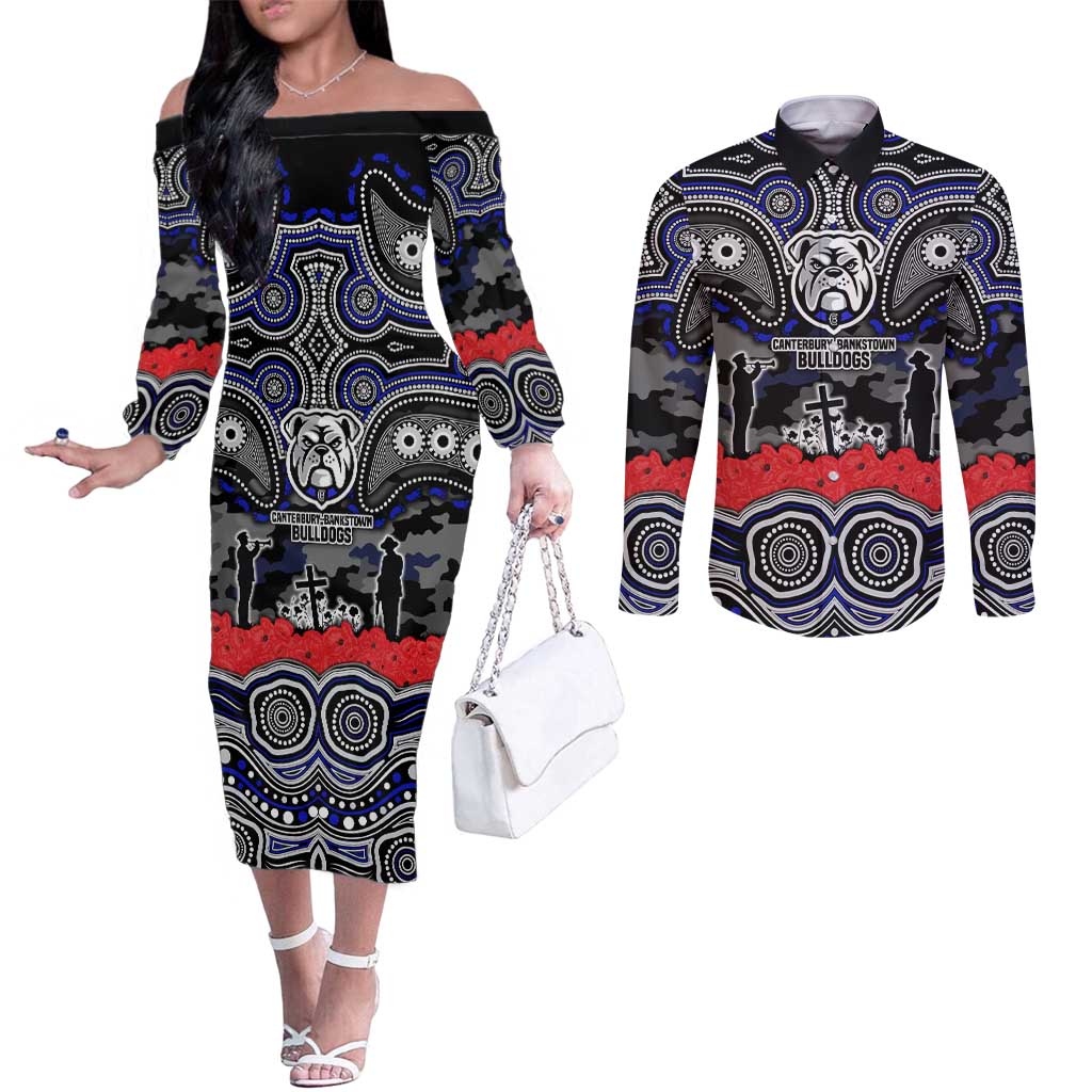 ANZAC Day Canterbury Bankstown Bulldogs Couples Matching Off The Shoulder Long Sleeve Dress and Long Sleeve Button Shirt Military Memorial Aboriginal Indigenous Art