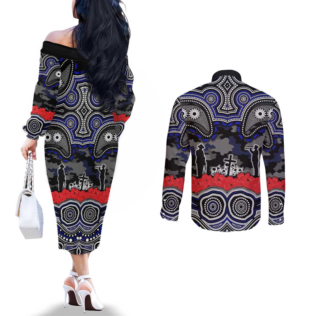 ANZAC Day Canterbury Bankstown Bulldogs Couples Matching Off The Shoulder Long Sleeve Dress and Long Sleeve Button Shirt Military Memorial Aboriginal Indigenous Art
