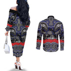 ANZAC Day Canterbury Bankstown Bulldogs Couples Matching Off The Shoulder Long Sleeve Dress and Long Sleeve Button Shirt Military Memorial Aboriginal Indigenous Art
