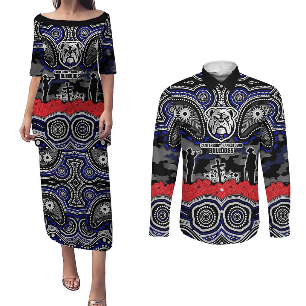 ANZAC Day Canterbury Bankstown Bulldogs Couples Matching Puletasi and Long Sleeve Button Shirt Military Memorial Aboriginal Indigenous Art