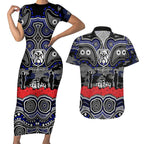 ANZAC Day Canterbury Bankstown Bulldogs Couples Matching Short Sleeve Bodycon Dress and Hawaiian Shirt Military Memorial Aboriginal Indigenous Art