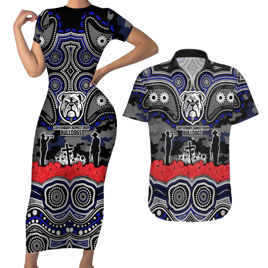 ANZAC Day Canterbury Bankstown Bulldogs Couples Matching Short Sleeve Bodycon Dress and Hawaiian Shirt Military Memorial Aboriginal Indigenous Art