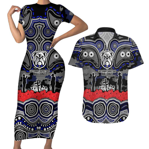 ANZAC Day Canterbury Bankstown Bulldogs Couples Matching Short Sleeve Bodycon Dress and Hawaiian Shirt Military Memorial Aboriginal Indigenous Art