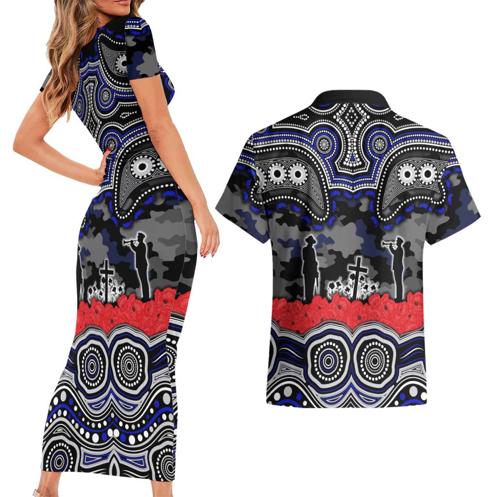 ANZAC Day Canterbury Bankstown Bulldogs Couples Matching Short Sleeve Bodycon Dress and Hawaiian Shirt Military Memorial Aboriginal Indigenous Art